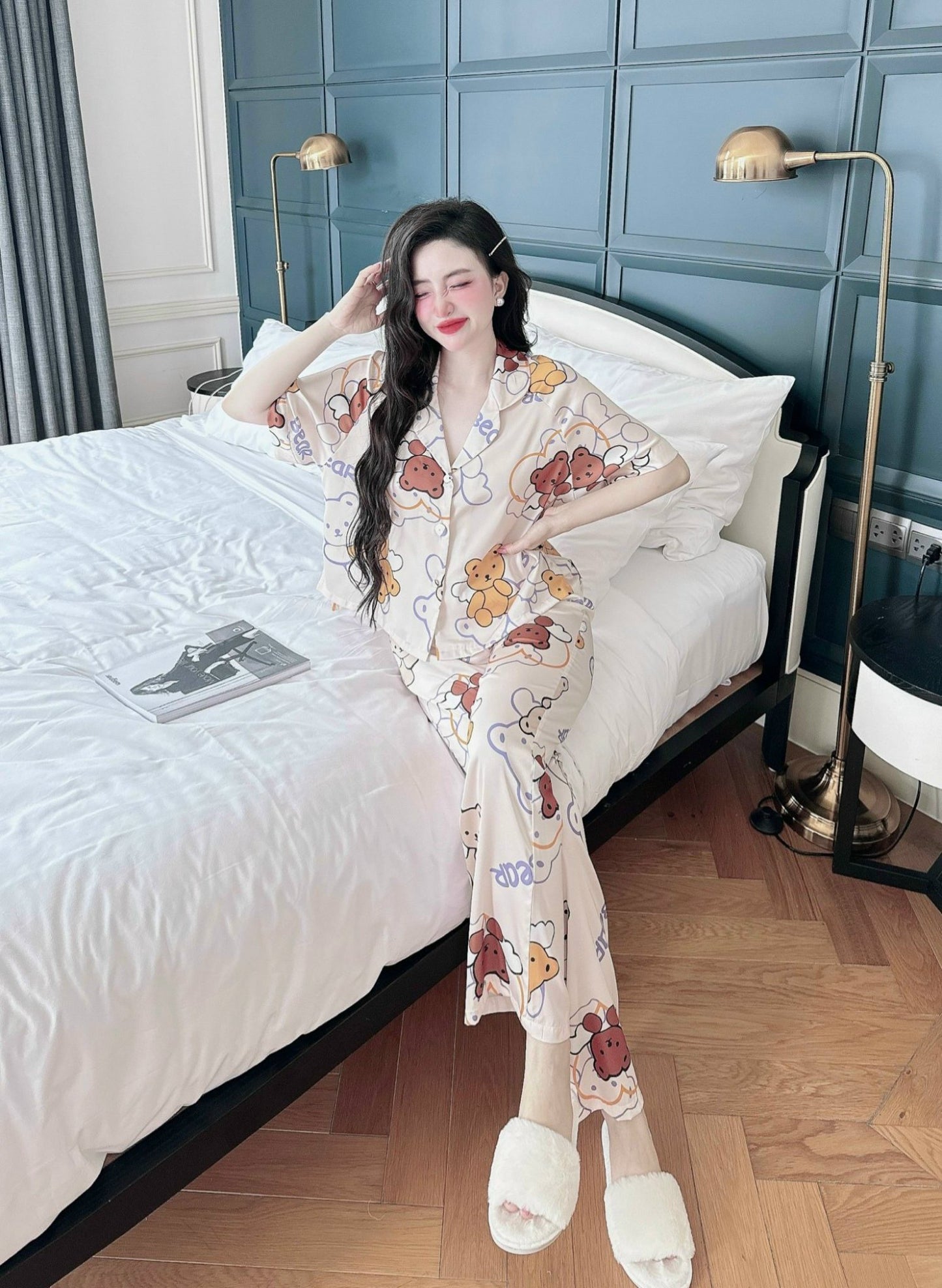 Petite Cute Teddy Bear Pattern Satin Pajama Short Sleeve