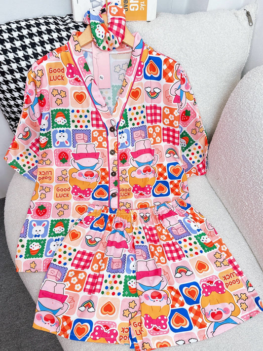 Orange Crying Chubby Girl Satin Pajama Short Set