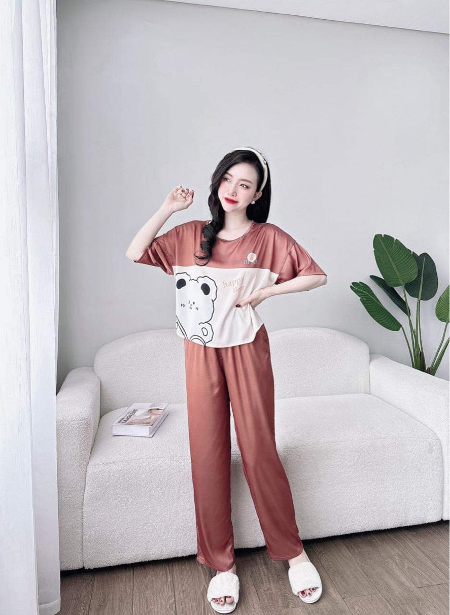 Petite Cute Bear Pattern Satin Pajama Short Sleeve