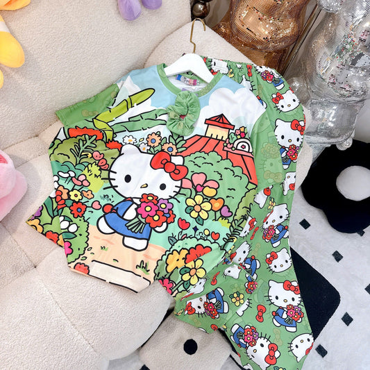Green Hello Kitty Ribbed Cotton Pajama Short Sleeve