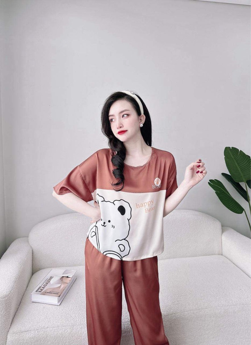 Petite Cute Bear Pattern Satin Pajama Short Sleeve