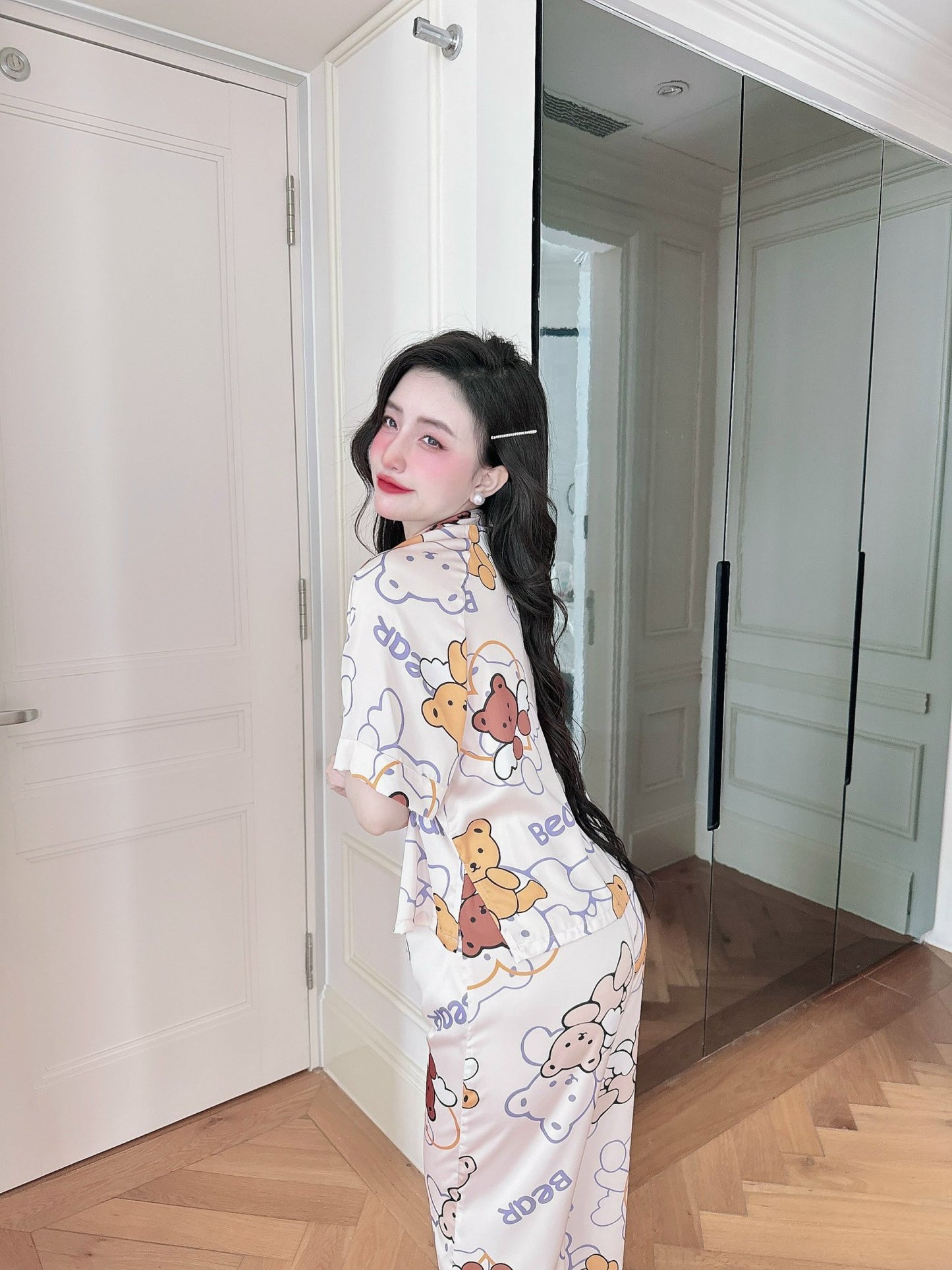 Petite Cute Teddy Bear Pattern Satin Pajama Short Sleeve