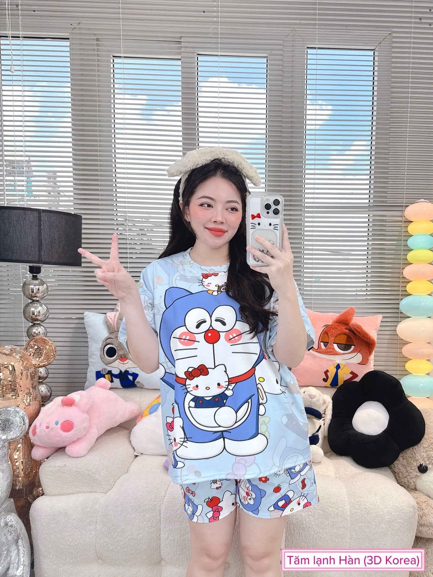 Doraemon Hello Kitty Ribbed Cotton Short Set