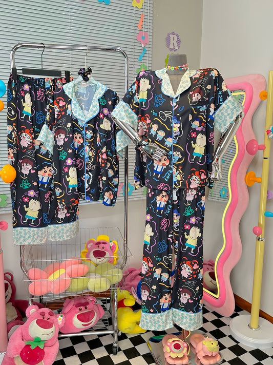 Black Shin Satin Pajama Short Sleeve