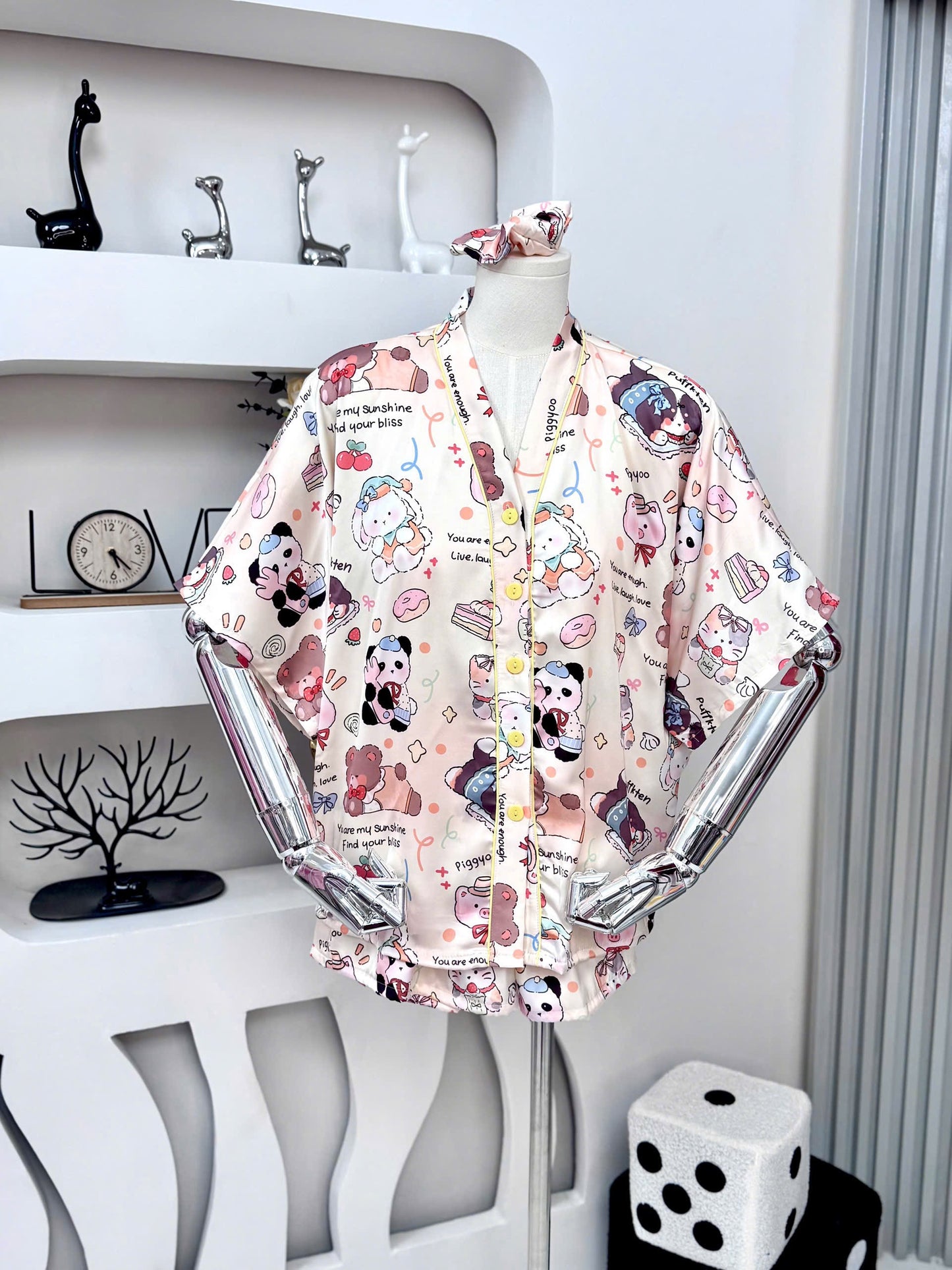 Cream V Neck Adorable Animals Satin Pajama Short Set