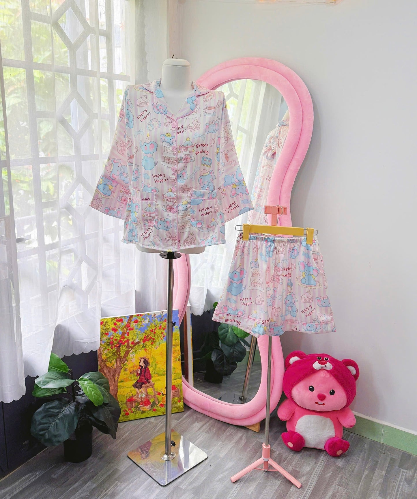 Happy Elephant Satin Pajama Mid-Length Sleeve Short Set