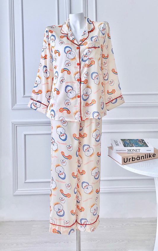 Petite Cute Duck and Rainbow Pattern Satin Pajama Long Sleeve