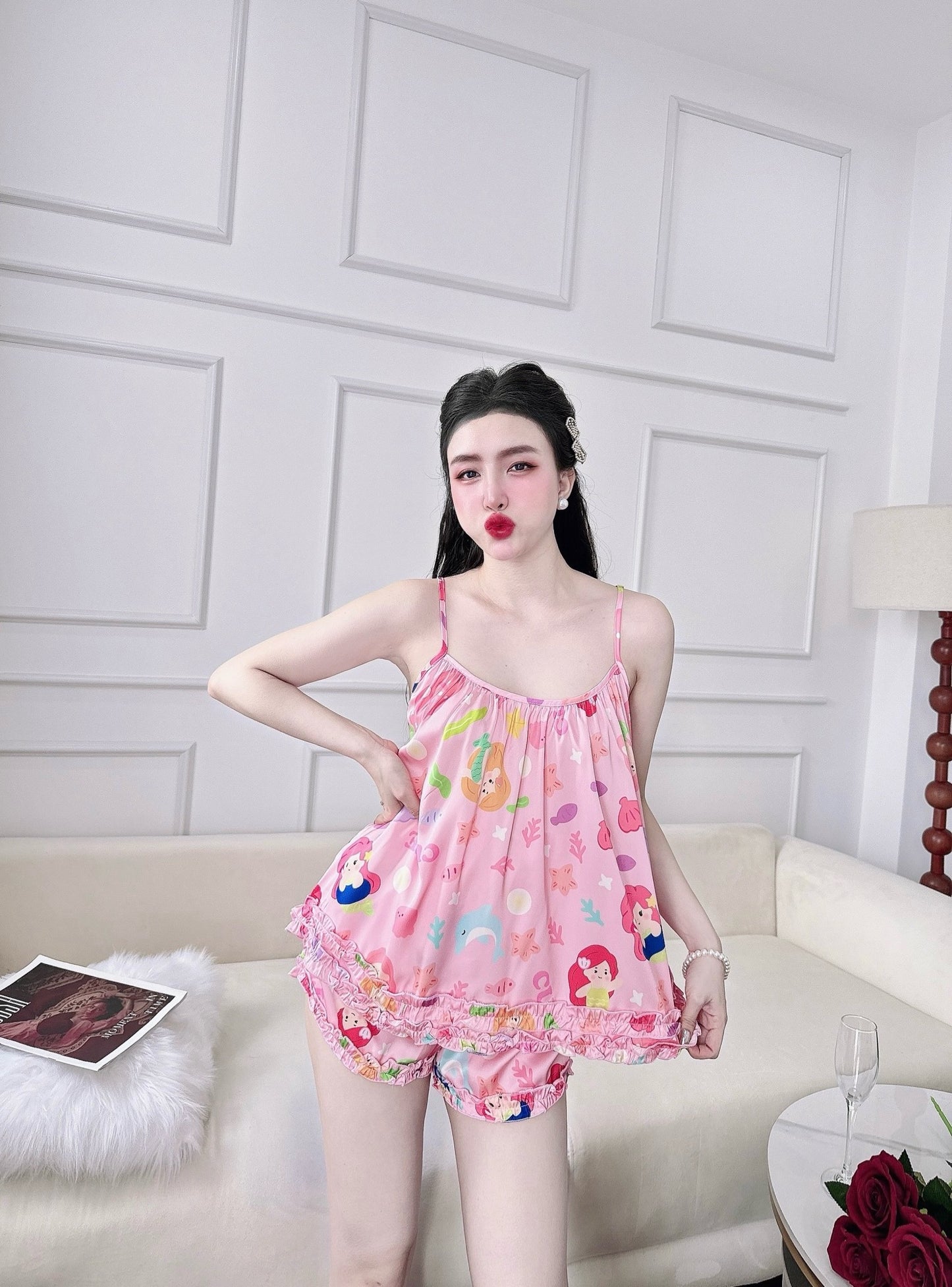 Pink Mermaid Satin Tank Top Pajama Short Set