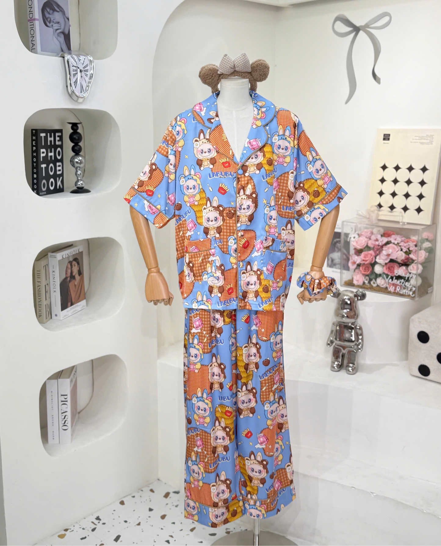 Blue Bread Master Labubu Satin Pajama Short Sleeve