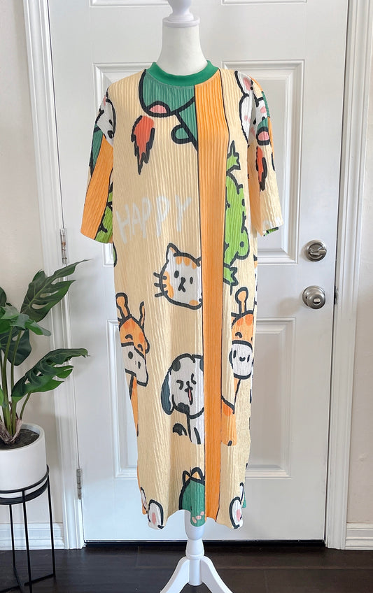 Animals Oversized Stretchy Pleated Tshirt Dress