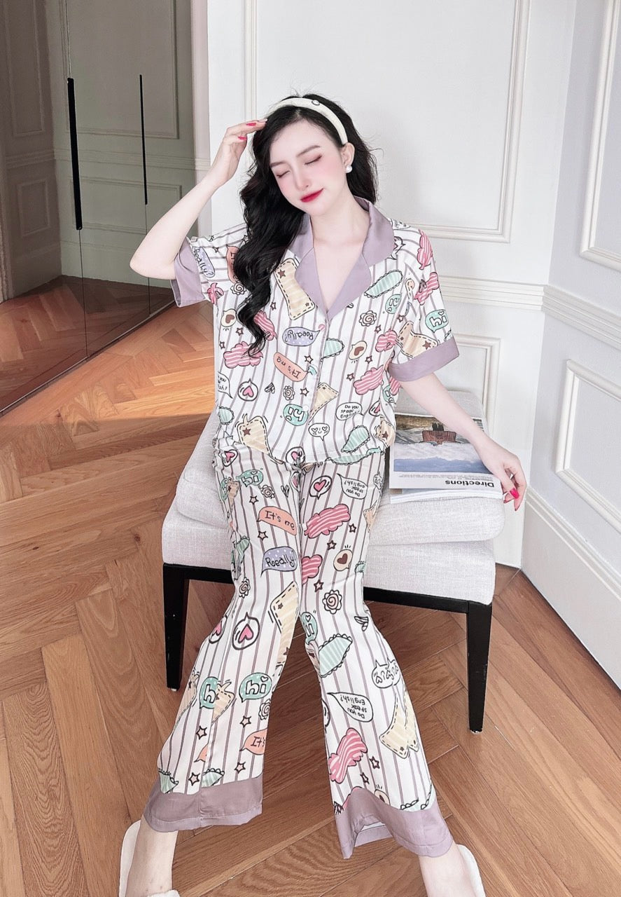 Petite Colorful Stickers Pattern Satin Pajama Short Sleeve