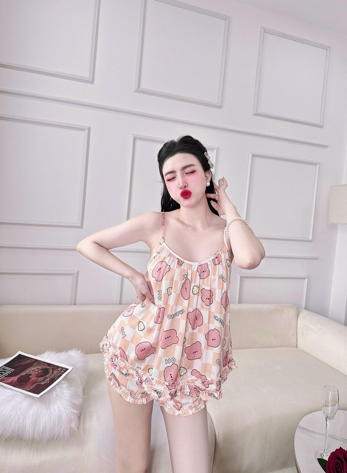 Satin Tank Top with Ruffles Pajama Short Set