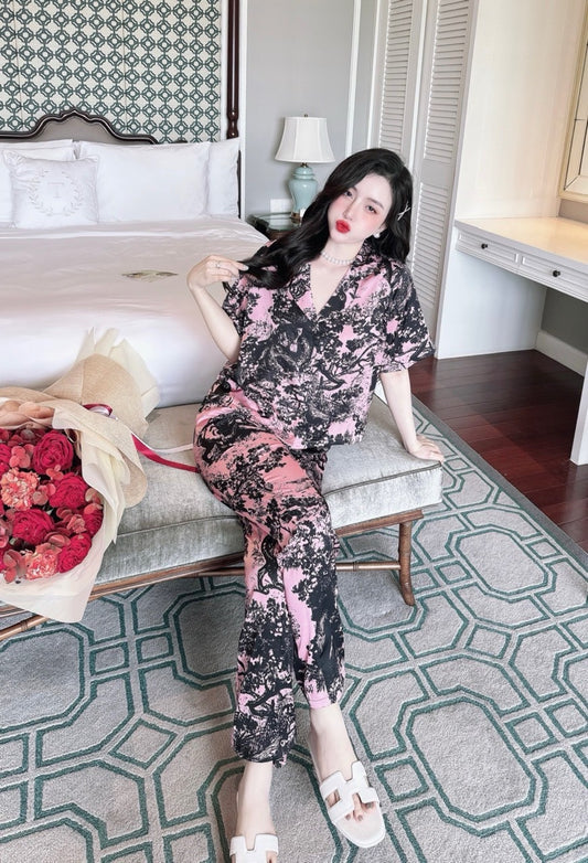 Petite Black Pink Designer Pattern Satin Pajama Short Sleeve