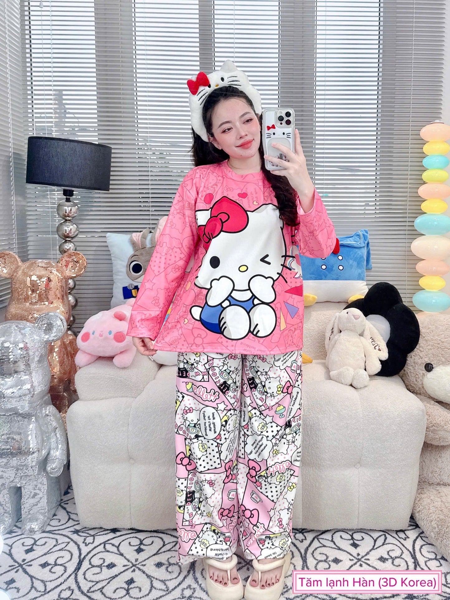 Cute Hello Kitty Ribbed Cotton Pajama Long Sleeve