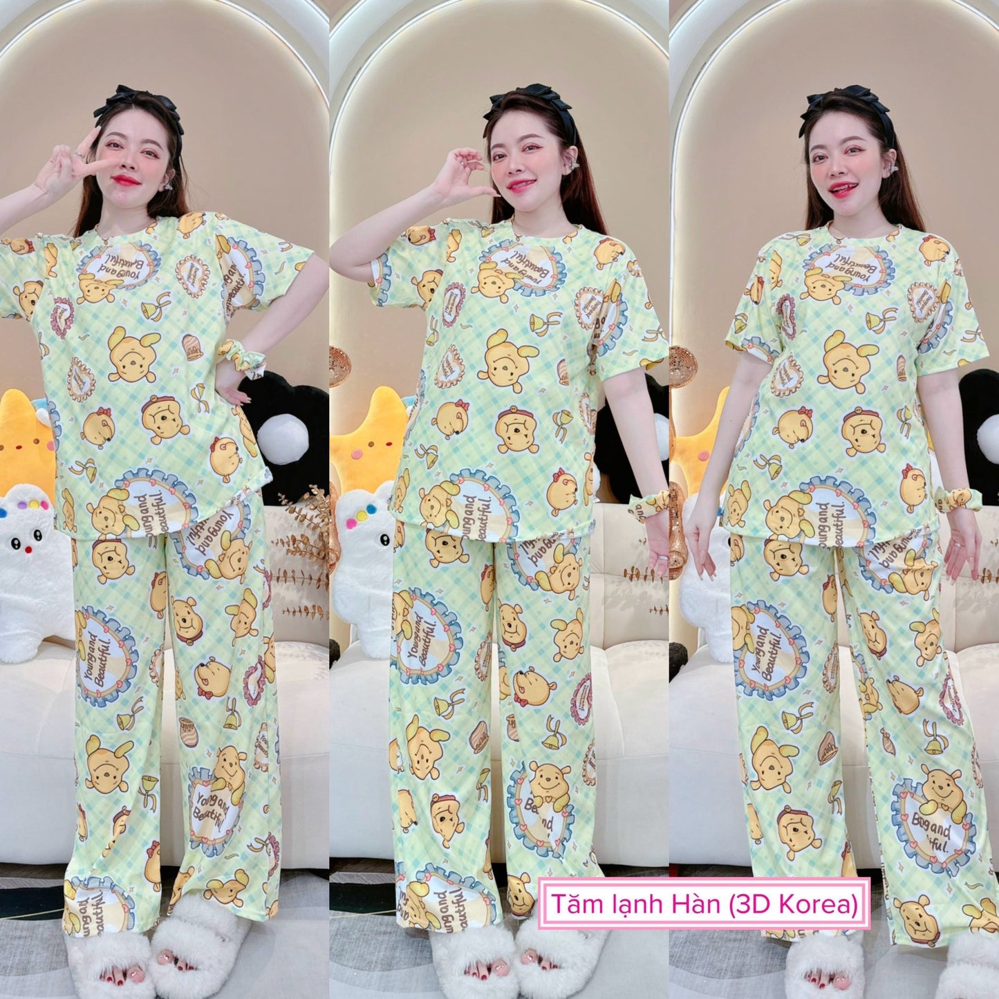 Green Pooh Ribbed Cotton Pajama Short Sleeve