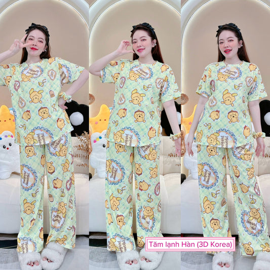 Green Pooh Ribbed Cotton Pajama Short Sleeve