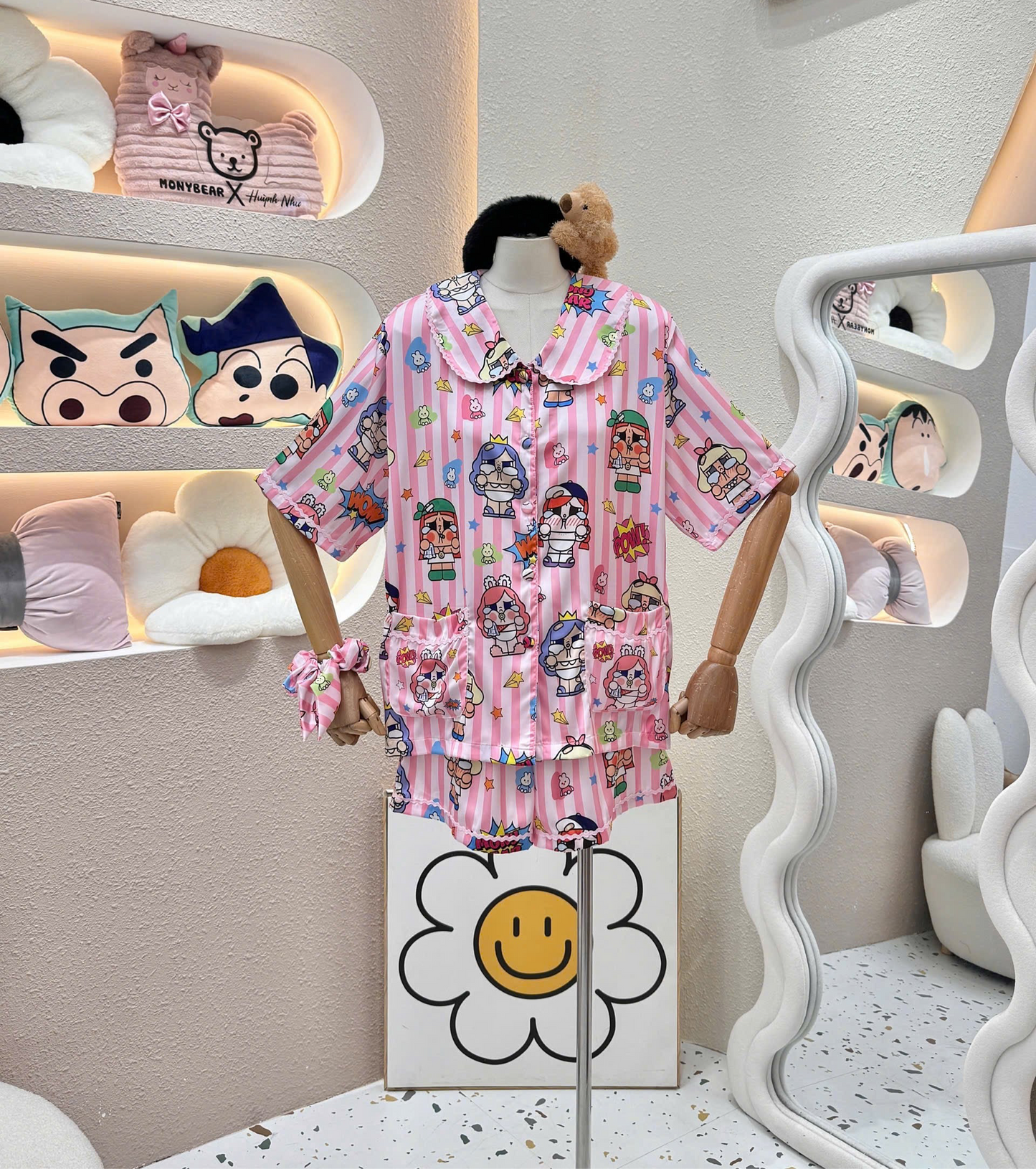 Pink Stripe Popmart Cry Baby Satin Pajama Short Set