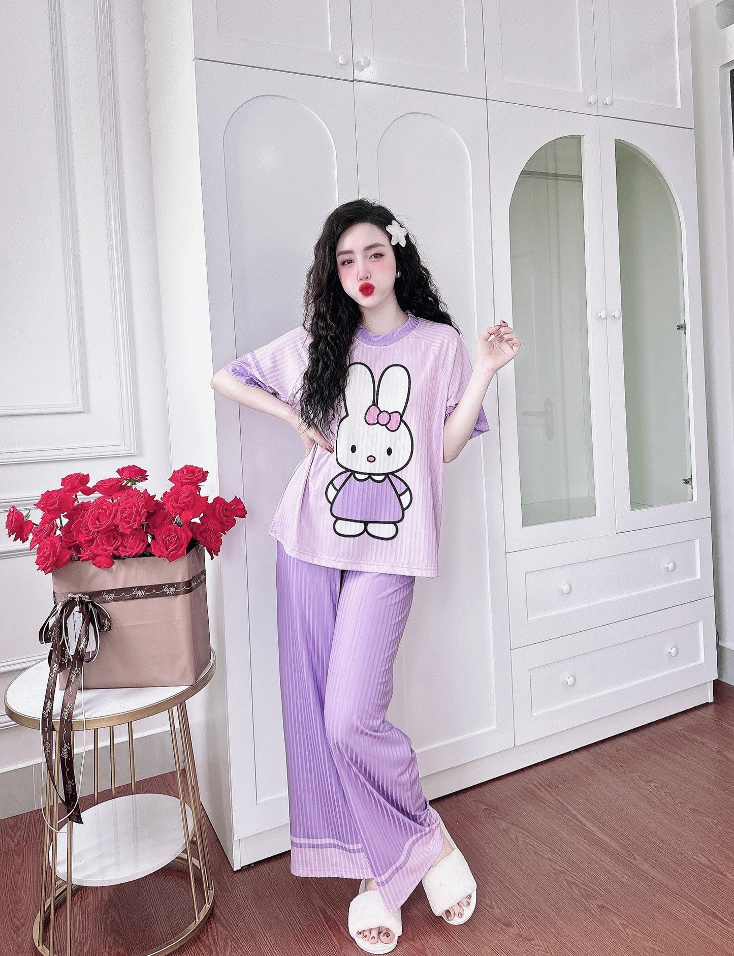 Purple Bunny Ribbed Cotton Pajama Short Sleeve