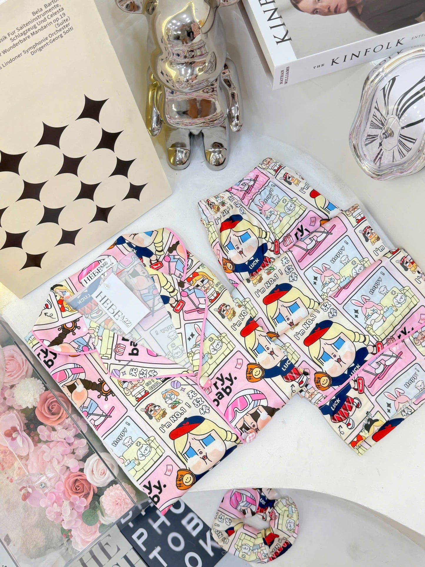 Pink Comic Inspired Cry Baby Satin Pajama Short Sleeve