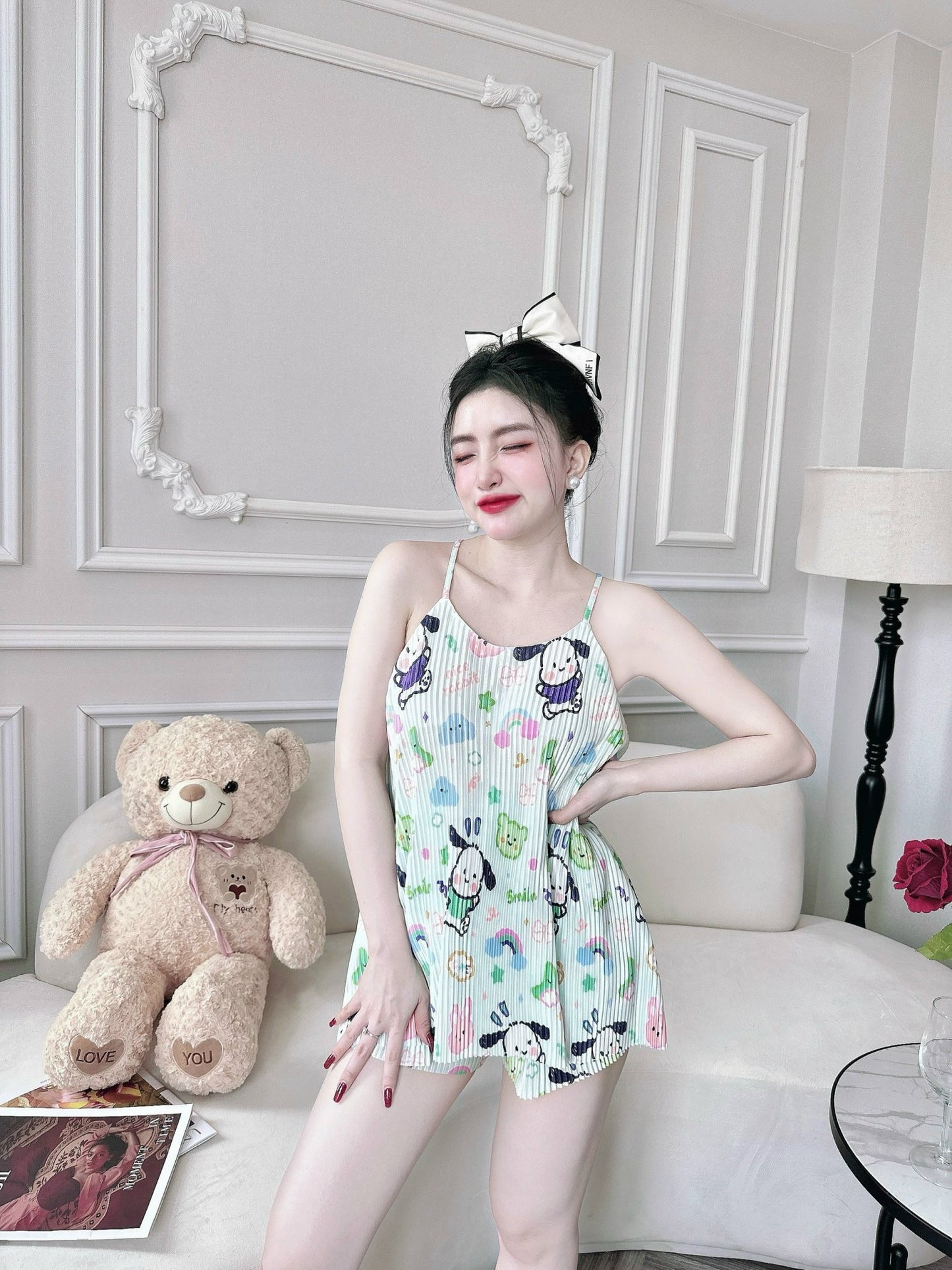 Pleated Tank Top Pajama Short Set