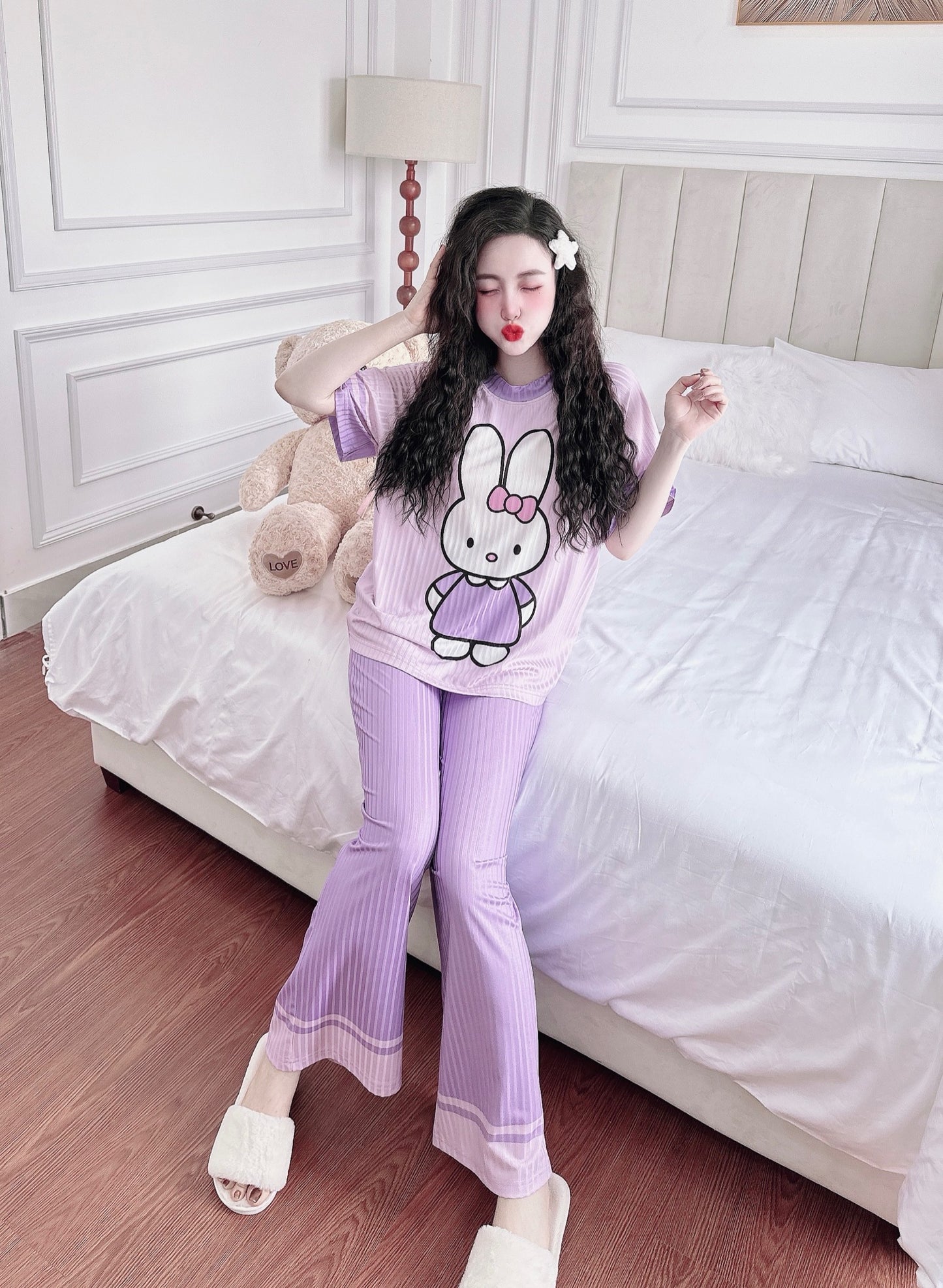 Purple Bunny Ribbed Cotton Pajama Short Sleeve