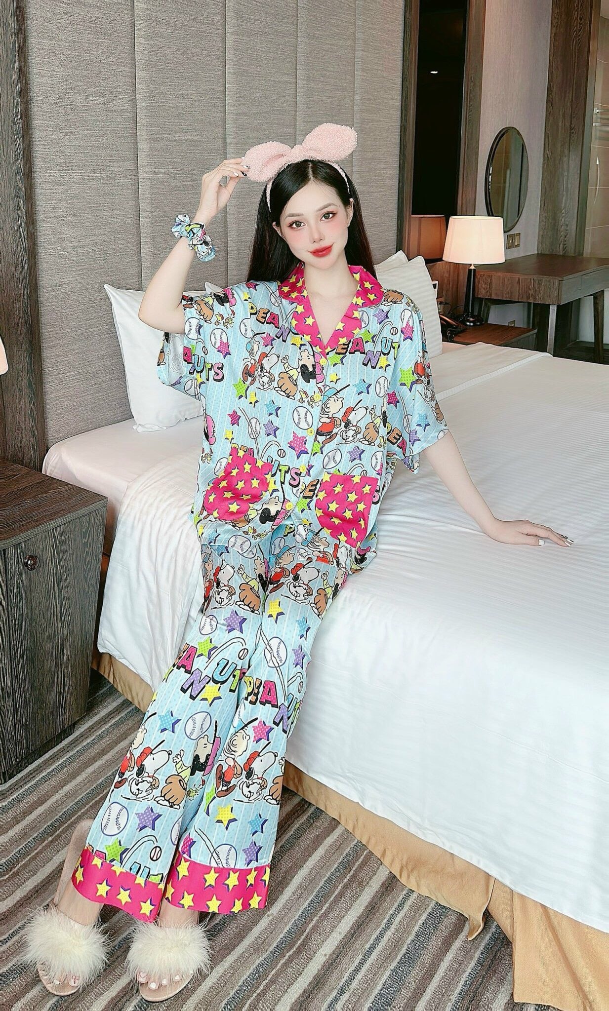 Blue Stripe Snoopy and Peanut Satin Short Sleeve