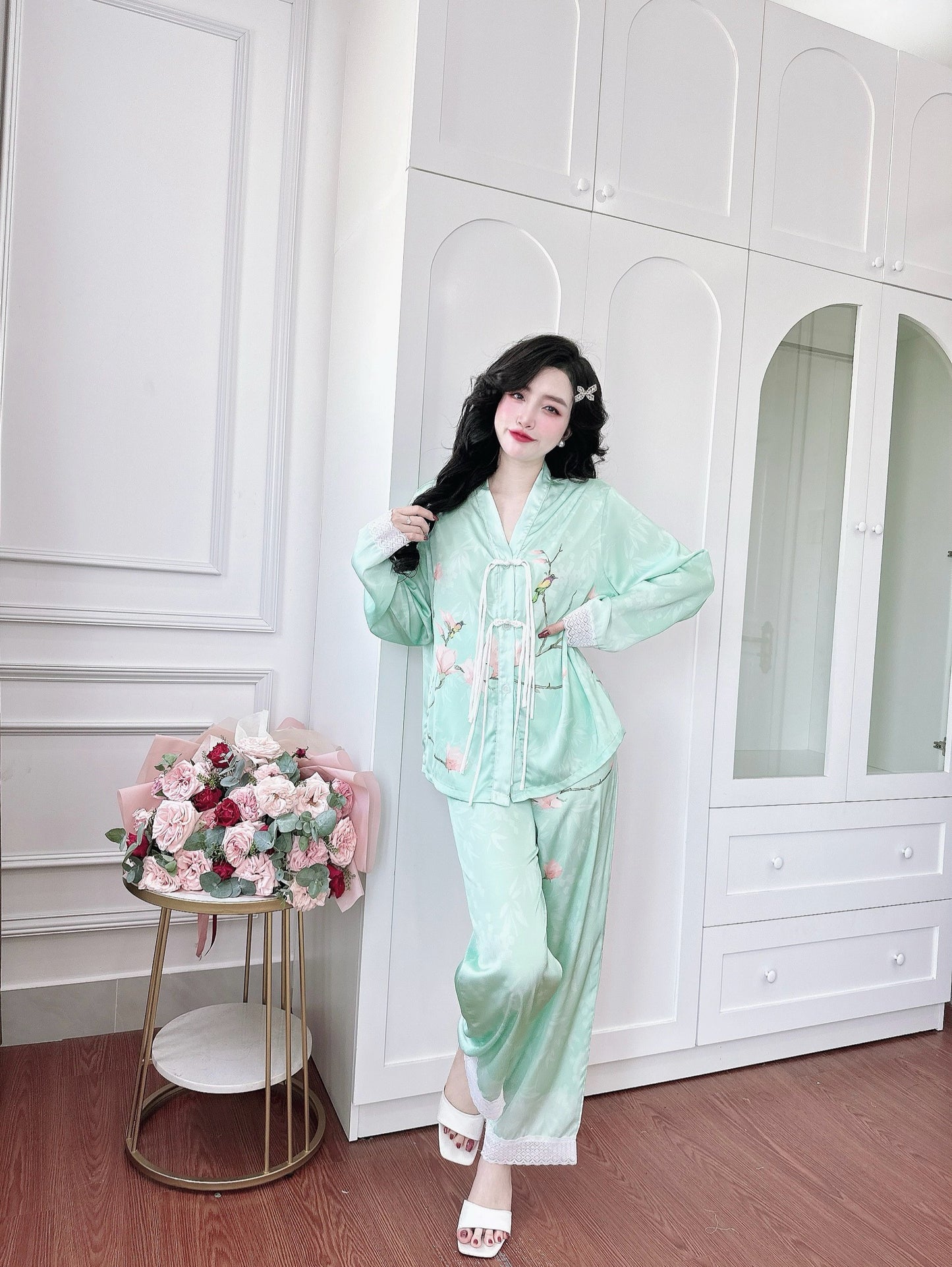 Petite Green Flowers Satin Pajama Long Sleeve