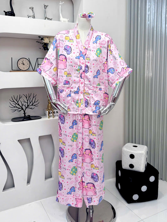 Pink Dinosaur Satin Pajama Short Sleeve