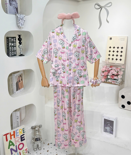 Pink Stripe Labubu Hello Kitty Satin Pajama Short Sleeve