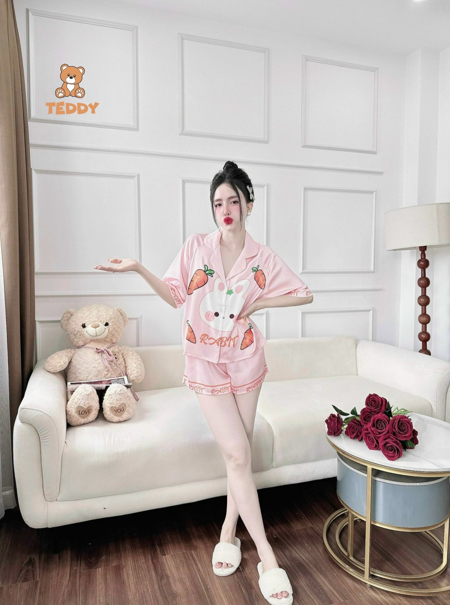 Petite Cute Bunny and Carrot Satin Short Set