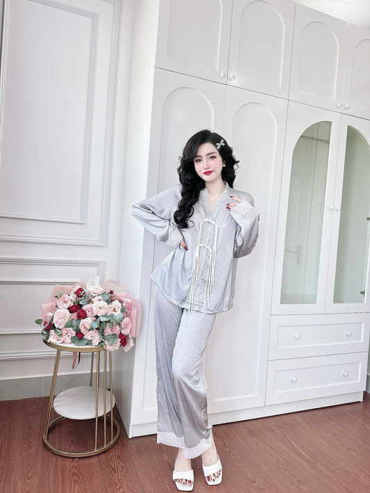 Petite Gray Designer Pattern Satin Pajama Long Sleeve