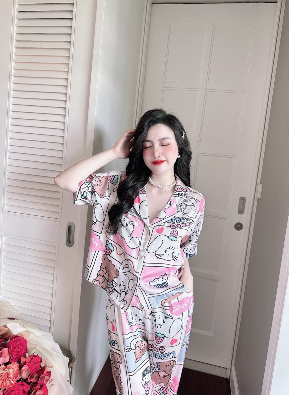 Petite Cute Cat Pattern Satin Pajama Short Sleeve