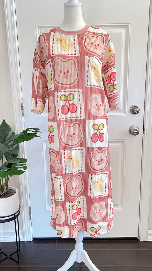 Bear and Cherry Oversized Stretchy Pleated Tshirt Dress