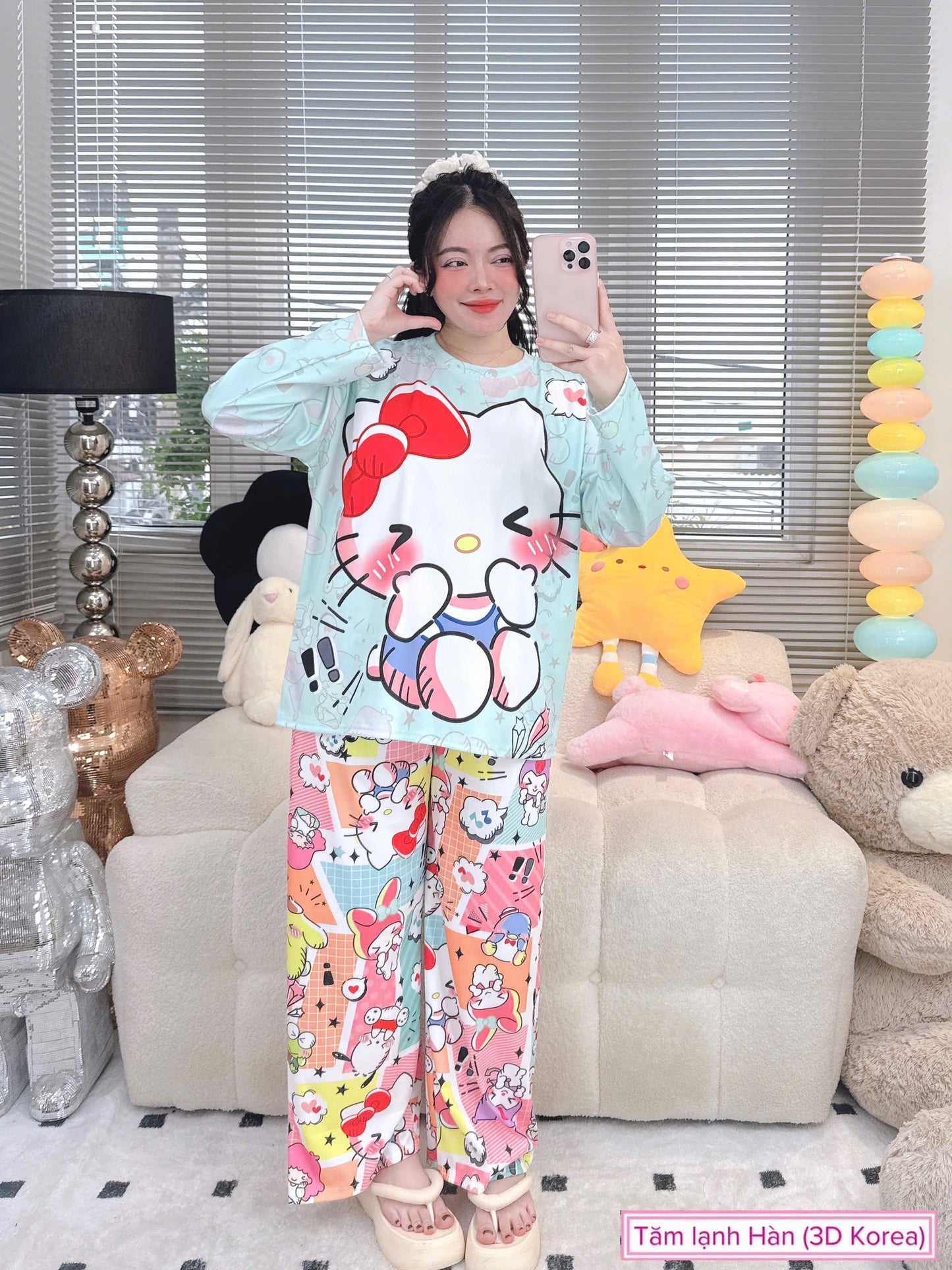 Happy Hello Kitty Ribbed Cotton Pajama Long Sleeve