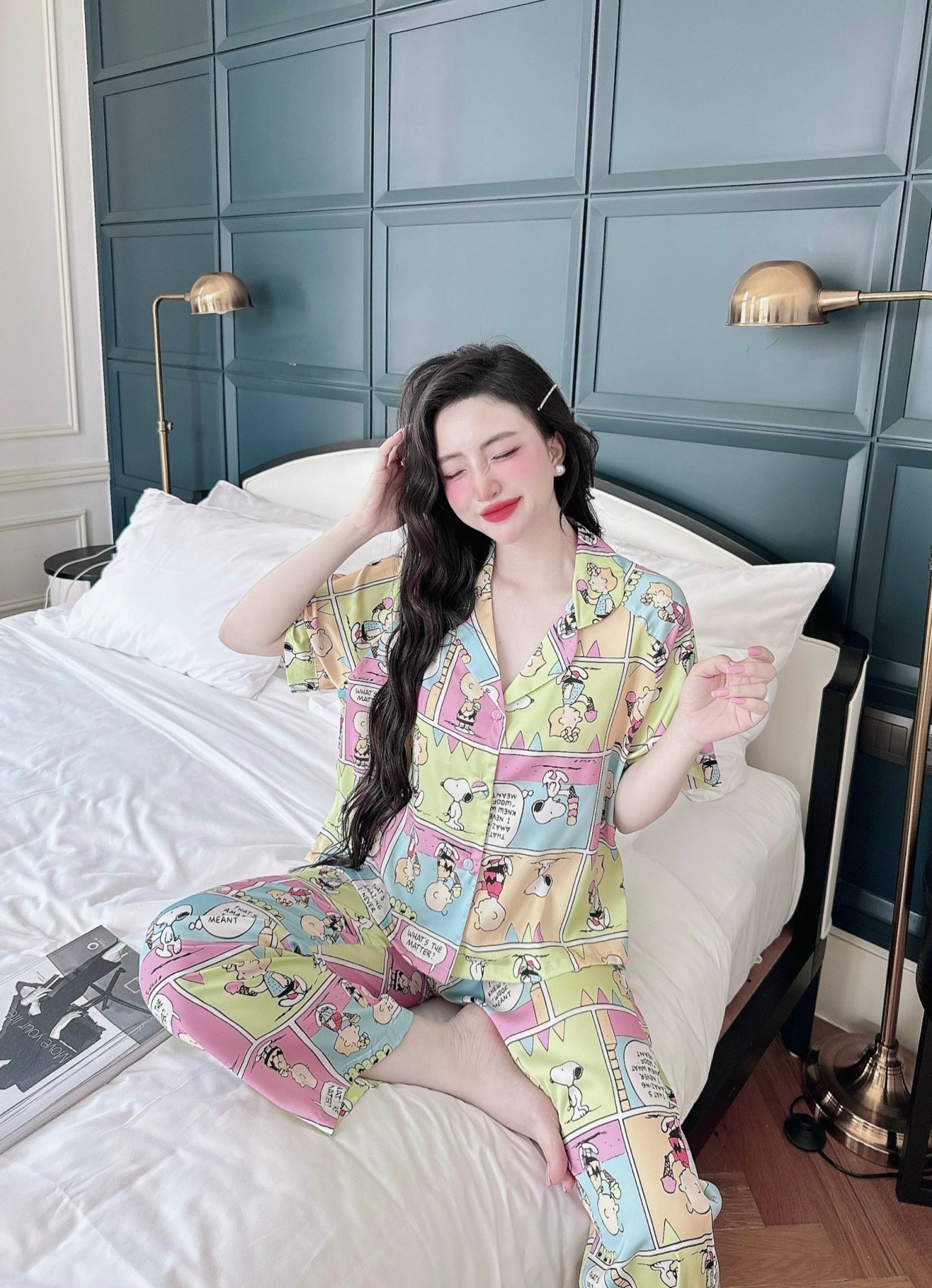 Petite Snoopy and Peanut Pattern Satin Pajama Short Sleeve