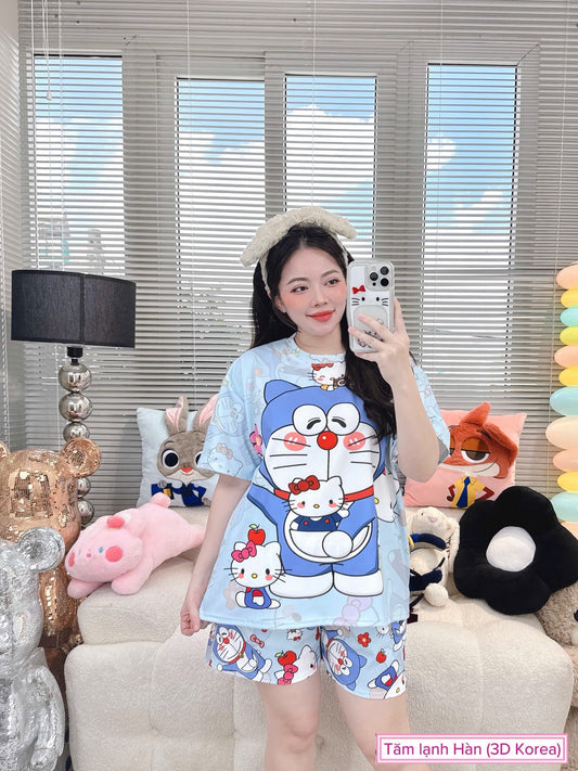 Doraemon Hello Kitty Ribbed Cotton Short Set