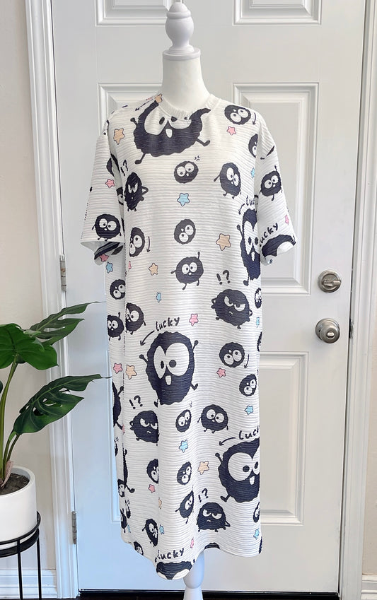 Black Dot Oversized Stretchy Pleated Tshirt Dress