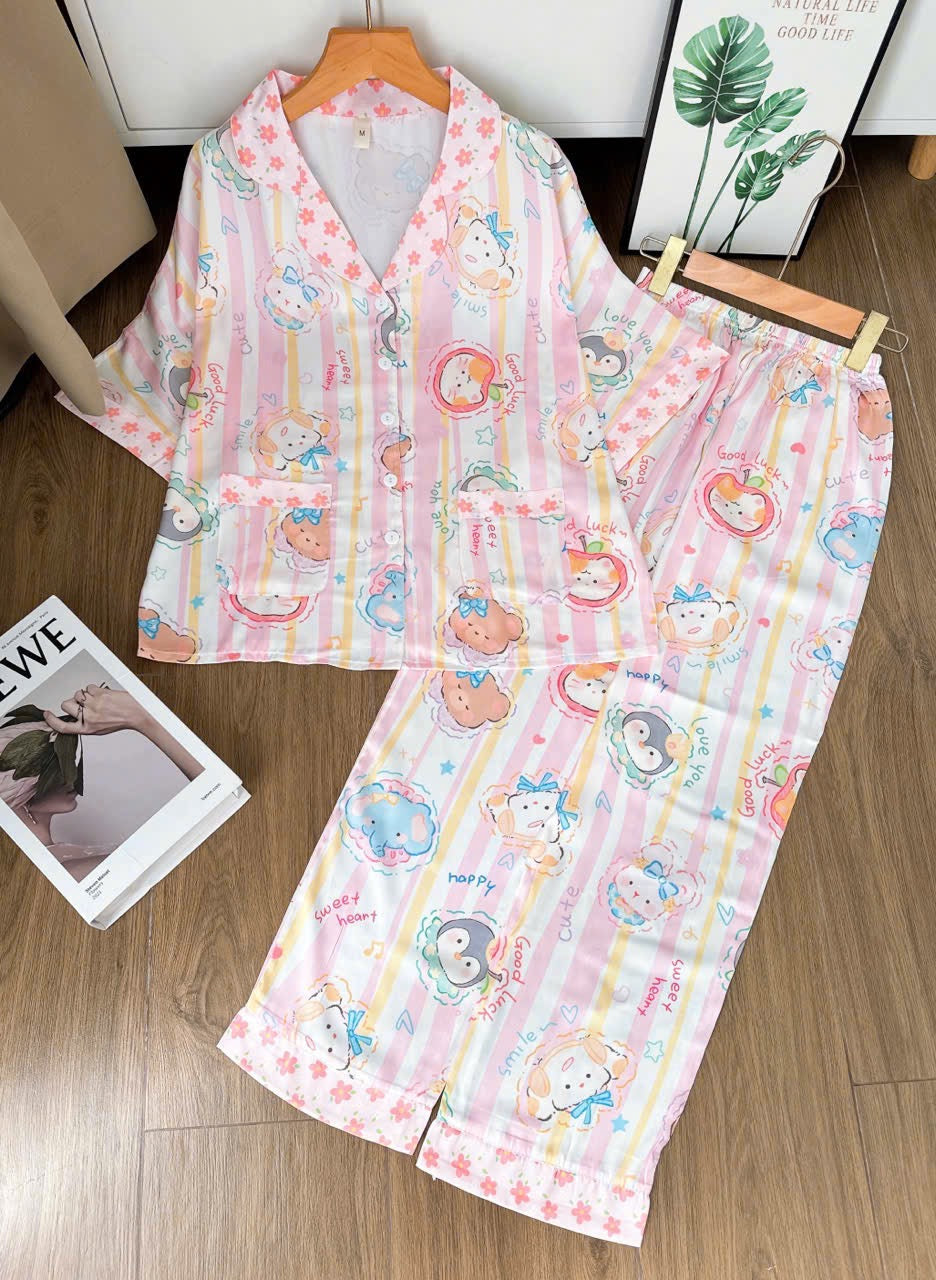 Pink Stripe Adorable Animals Satin Pajama Short Sleeve