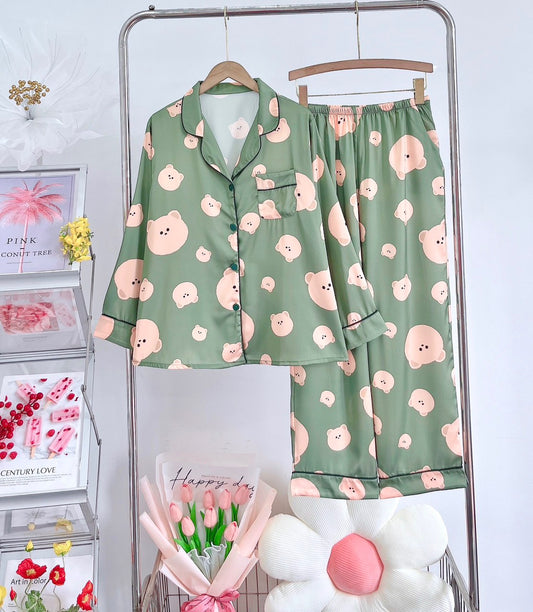Petite Green Cute Bear Pattern Satin Pajama Long Sleeve
