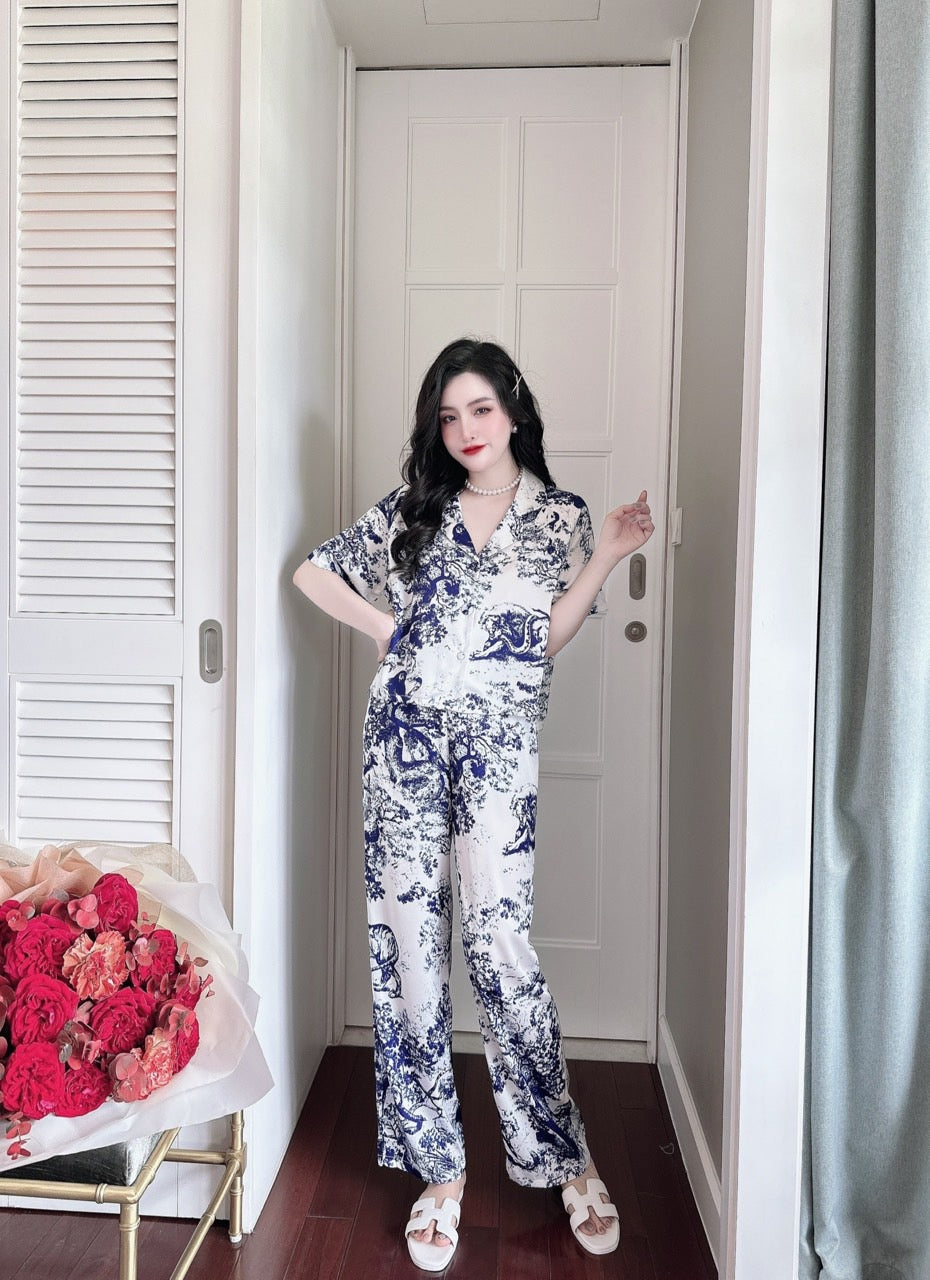 Petite Black Blue Designer Pattern Satin Pajama Short Sleeve