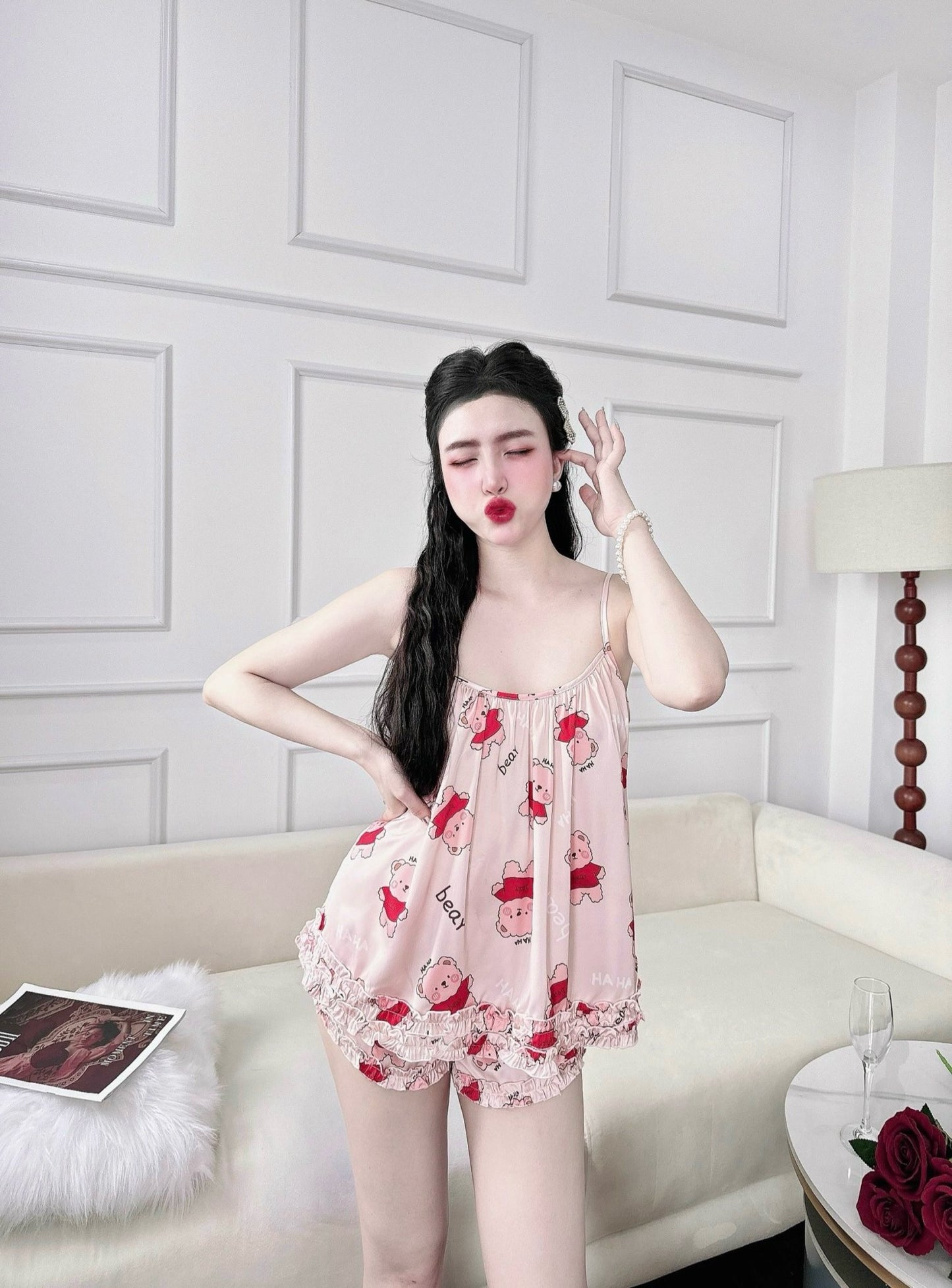 Satin Tank Top with Ruffles Pajama Short Set