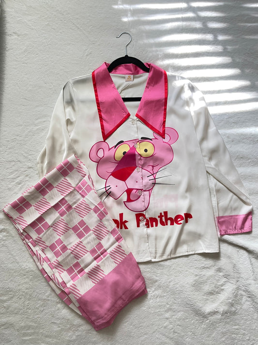 Petite Pink Panther Pattern Satin Pajama Long Sleeve
