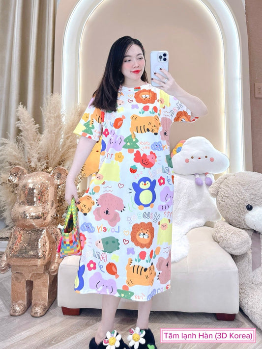White Ribbed Multicolor Zoonimal Ribbed Cotton Dress
