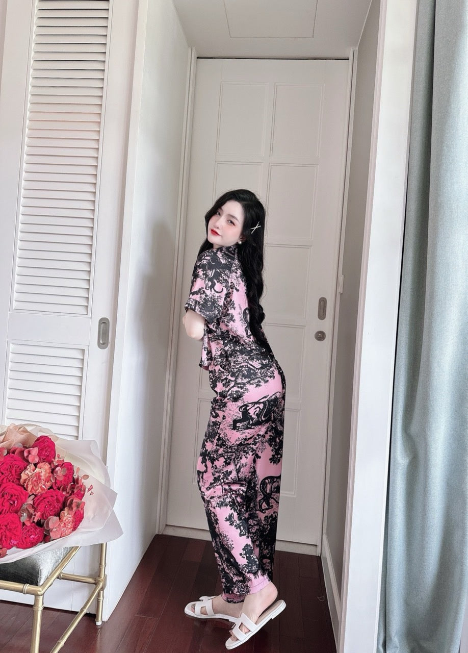 Petite Black Pink Designer Pattern Satin Pajama Short Sleeve