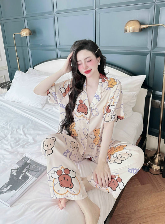 Petite Cute Teddy Bear Pattern Satin Pajama Short Sleeve