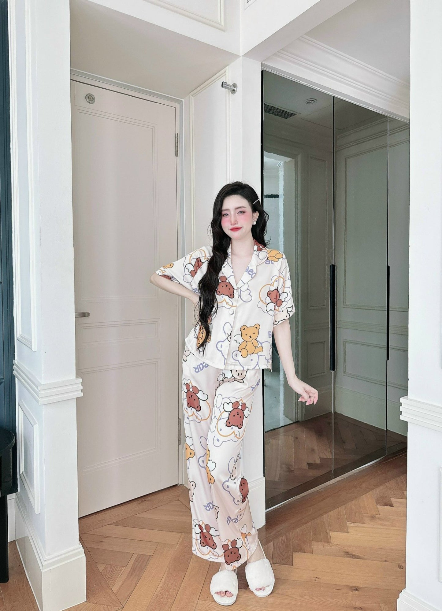 Petite Cute Teddy Bear Pattern Satin Pajama Short Sleeve