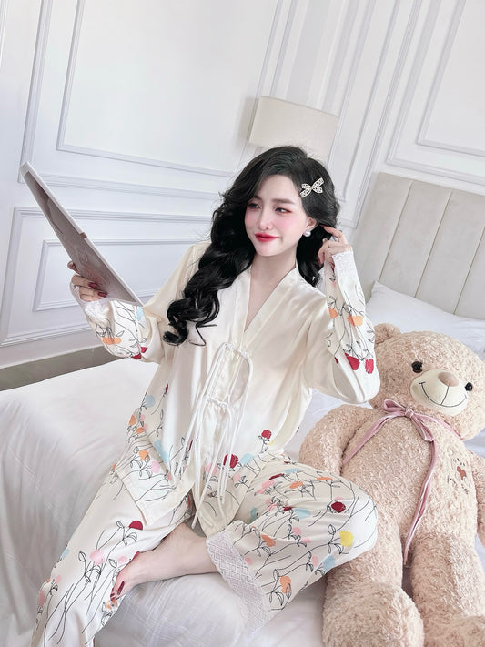 Petite Cream Flowery Satin Pajama Long Sleeve