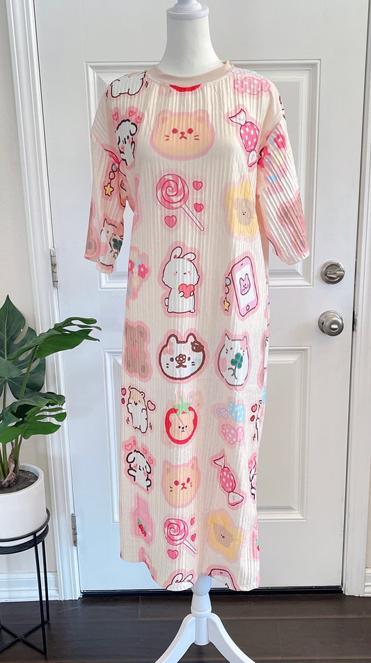 Bunny Cat Candy Oversized Stretchy Pleated Tshirt Dress