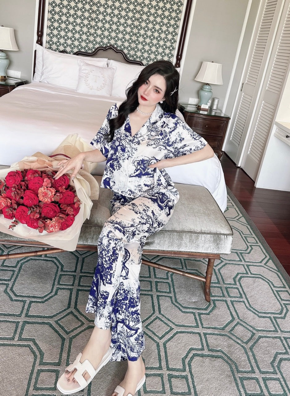 Petite Black Blue Designer Pattern Satin Pajama Short Sleeve