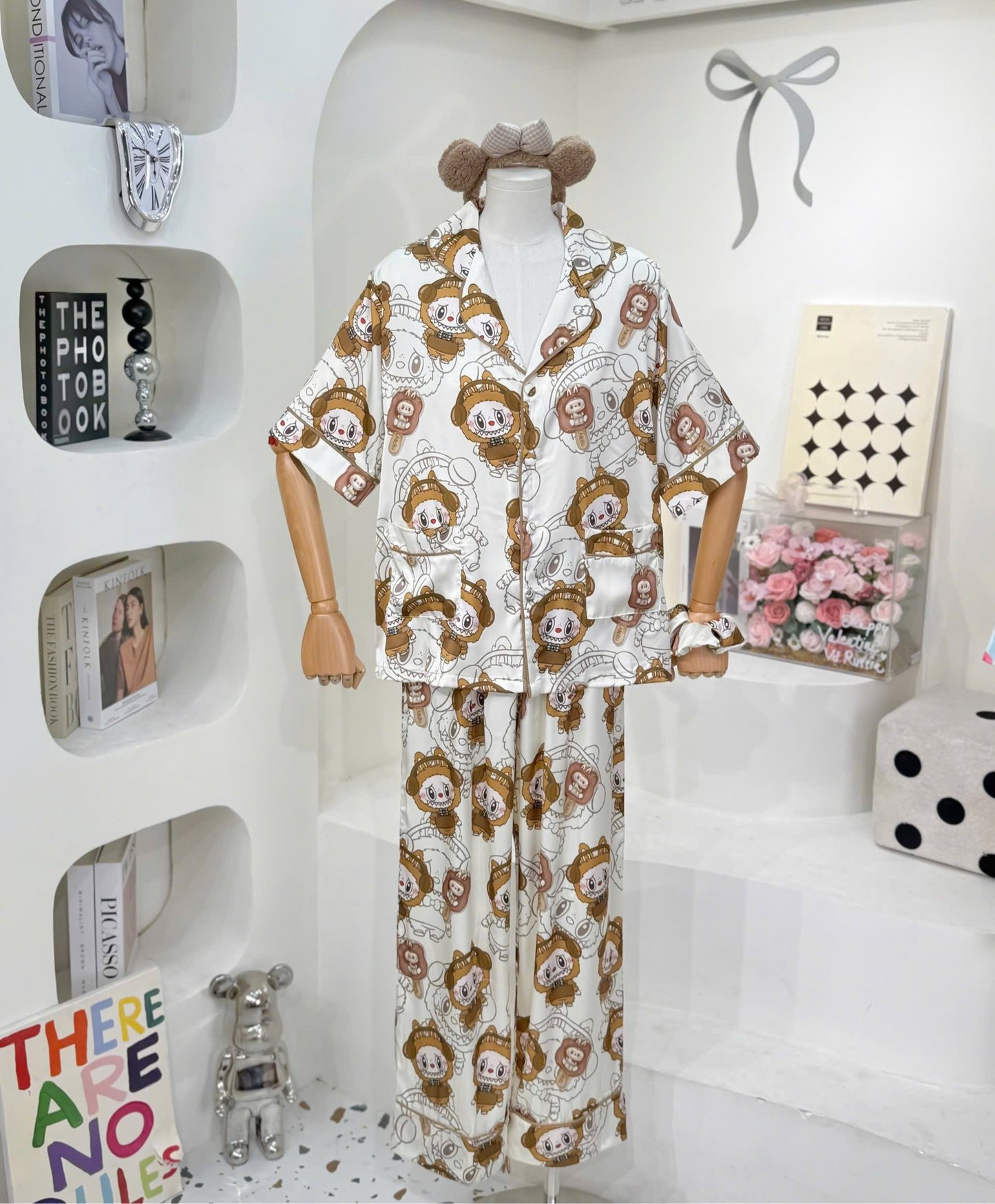 Creamy Brown Ice Cream Labubu Satin Pajama Short Sleeve